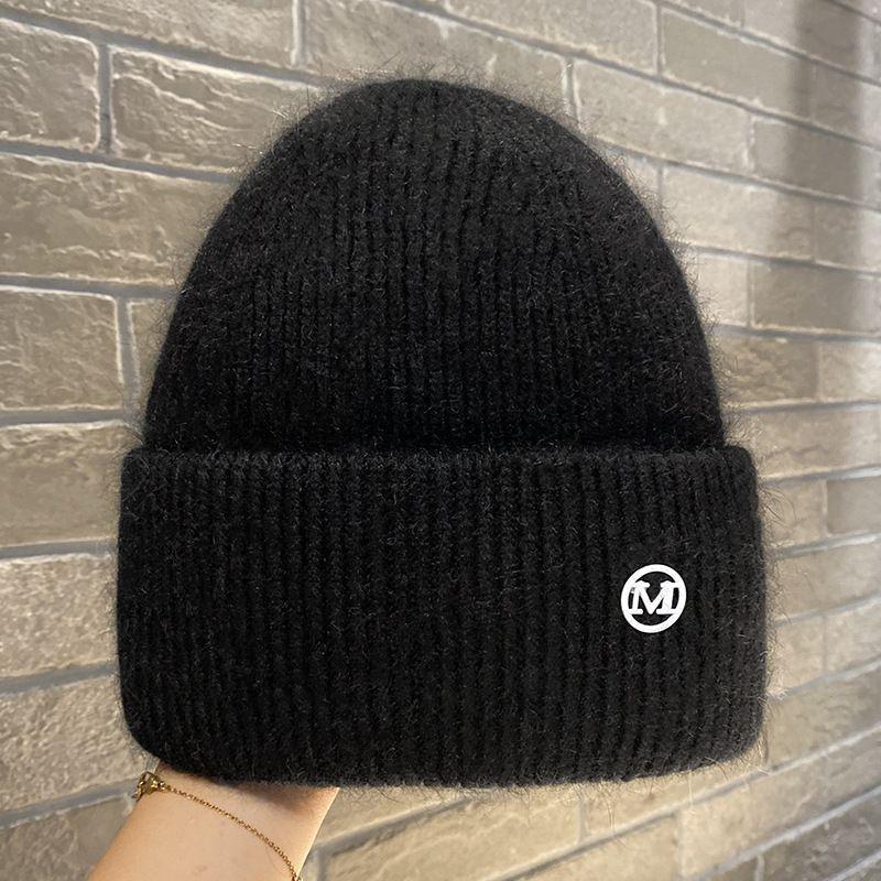 Knit Beanie Hat Rabbit Hair Blend Metal Letter M Label Warm Ear Protection Winter Autumn Trendy Skullcap Women