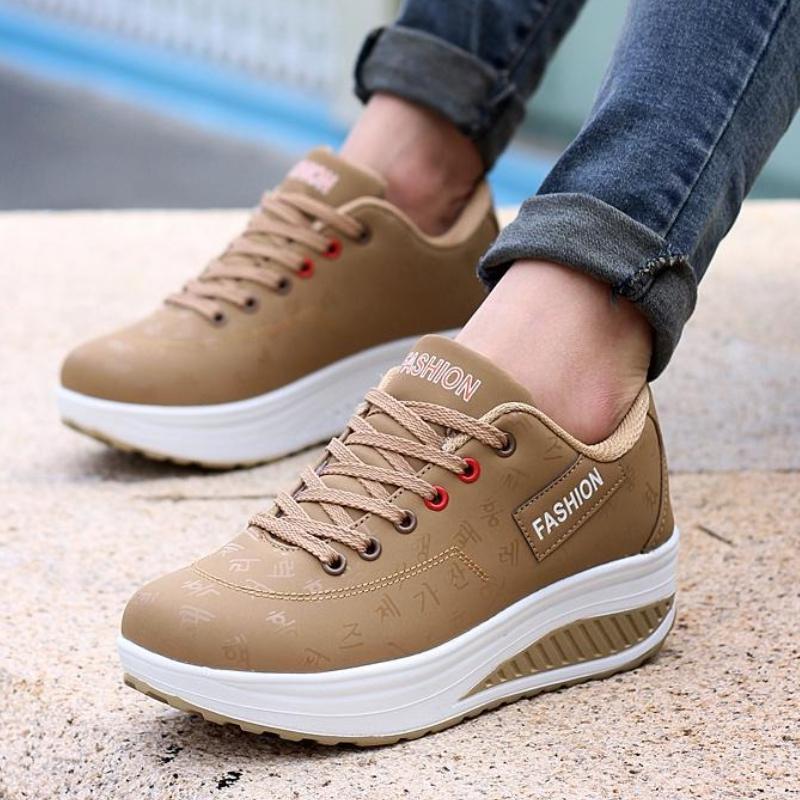 Fashion Women Running Sports Shoes Rocker Shoes Breathable Platform Shoes PU Leather Casual Walking Wedge Heels