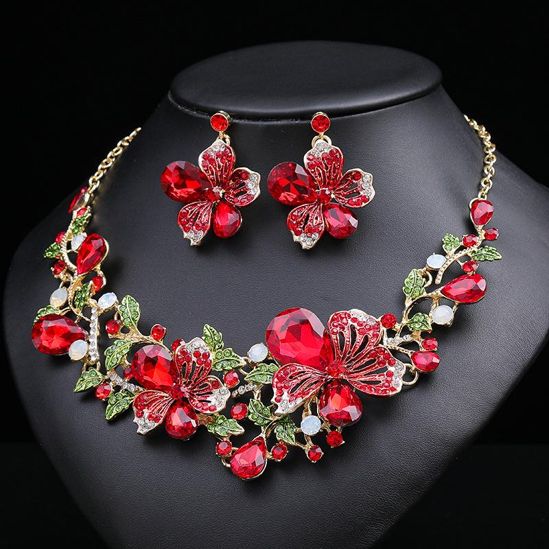 Necklace Earrings Two-Piece Set Colorful Flower Bride Retro High-End Design Sense Multi-Color Optional