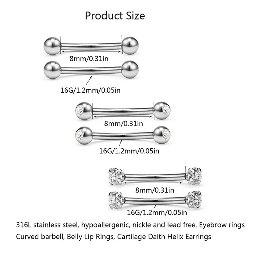 6Pcs 316 Stainless Steel Curved Barbell Eyebrow Lip Belly Ring With Shiny Zircon Fashion Body Piercing Jewelry