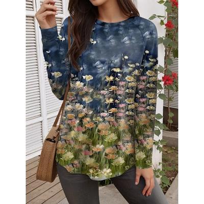 Sommermode Blumengrafik Elegante O-Ausschnitt Langarm T-Shirts Lässige Harajuku Pullover Tops
