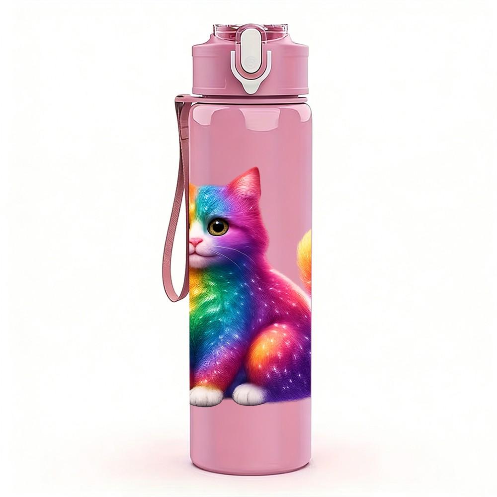 1PC Rainbow Fluffy Cat Art 750ml Color Plastic Sports Water Bottle Leakproof Flip Straw Lid Suitable for Sports Office Home Use