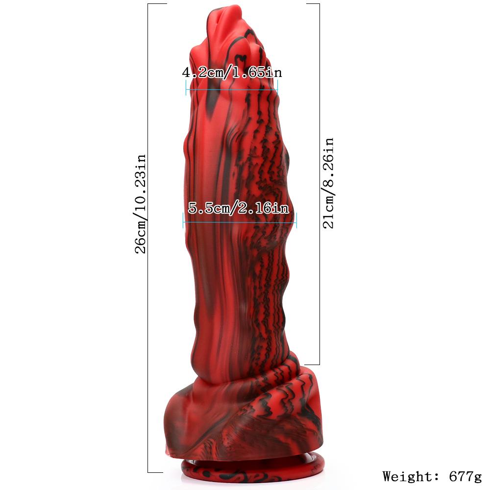 Rotschwarzer Silikon-Monsterdildos, Fantasie-Pferde-/Hundedildo mit Knoten, riesiger Schwanz, dicker Analpenis mit starkem Saugnapf