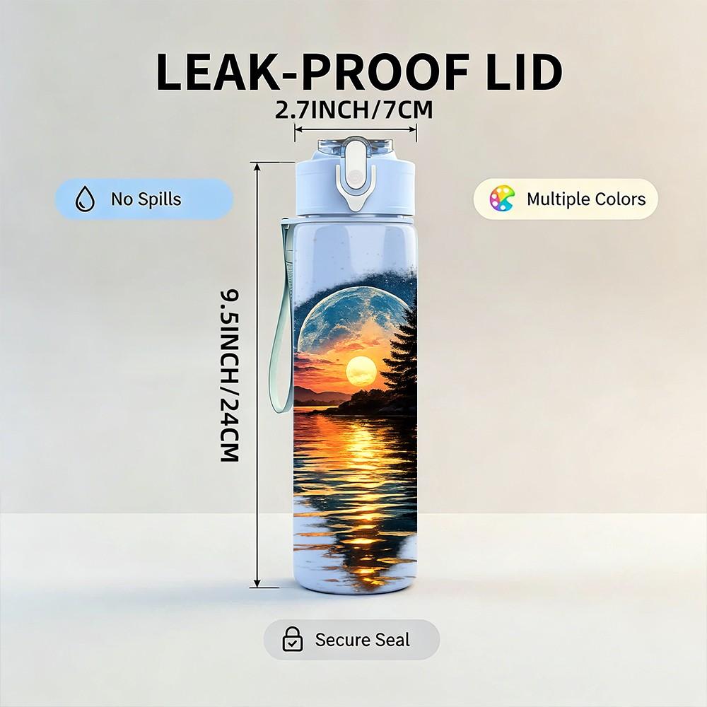 1PC Sunset Lake Mountain Reflection Print 750ml Color Plastic Sports Water Bottle Leakproof Flip Straw Lid Suitable for Sports Office Home Use