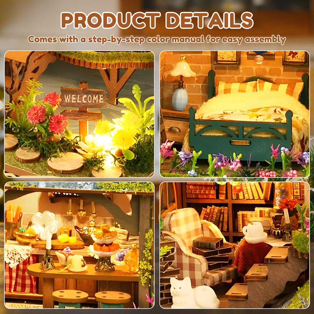 Miniature House Kit Wood DIY Miniature House Kit with LED Light DIY Dollhouse Miniatures Kits Mini House Building Set for Adults