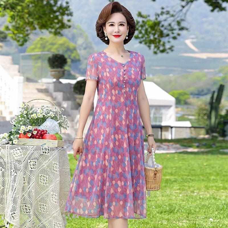 Women's Summer Floral Print Chiffon Midi Dress Short Sleeve Casual Dress