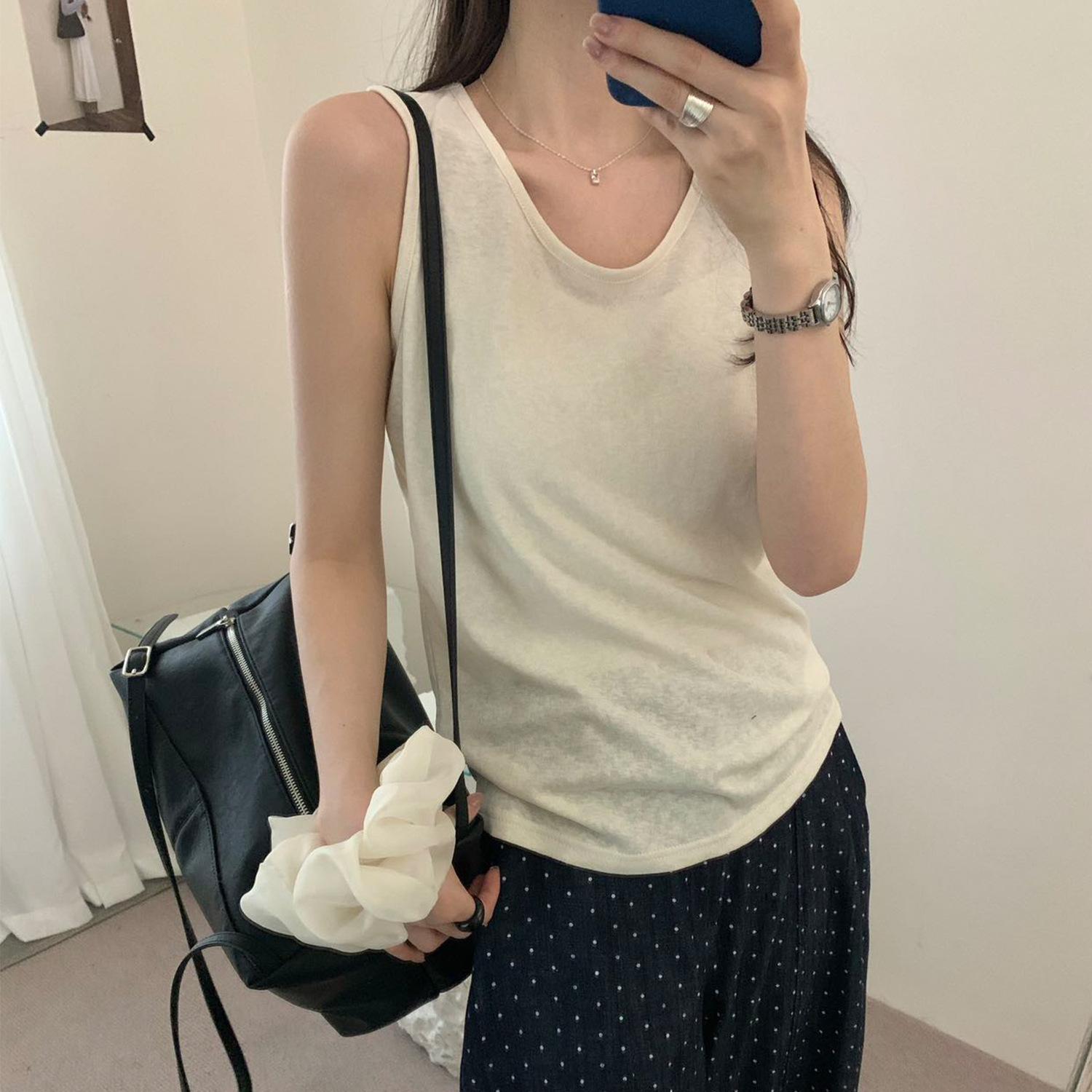 Women s Korean Linen-Feel Sleeveless Tank Top - Round Neck, Thin, Casual, Summer Camisole Medium бежевый