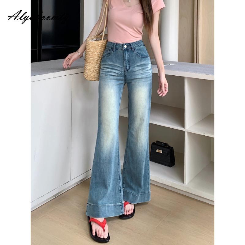 

Элегантные Модные Весенне-Осенние Женские Джинсы с Высокой Посадкой, Выстиранные Хлопковые Джинсовые Брюки, Винтажные Базовые Женские Прямые Джинсы Клеш M