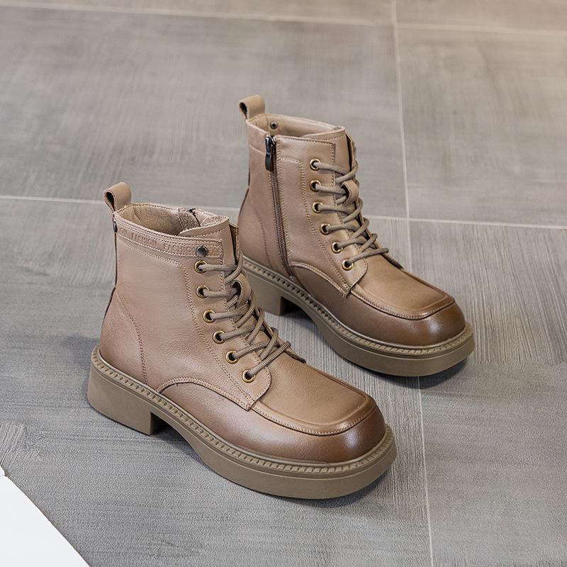 

Ботинки Мартин из первого слоя коровьей кожи для женской осени и зимы 2025 года, новый британский стиль, короткие ботинки на толстой подошве из женской кожи b 40 хаки