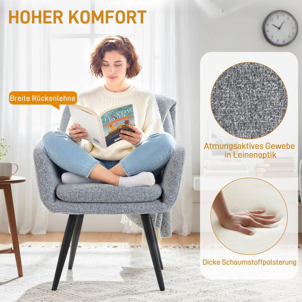 Modern Accent Chair Upholstered Chair With Metal Legs Linen Look Light Gray