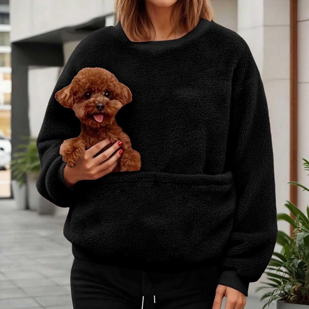 Women's Fashionable Solid Color Round Neck Long Sleeved Pocket Sports Shirt Plush Hoodie Top