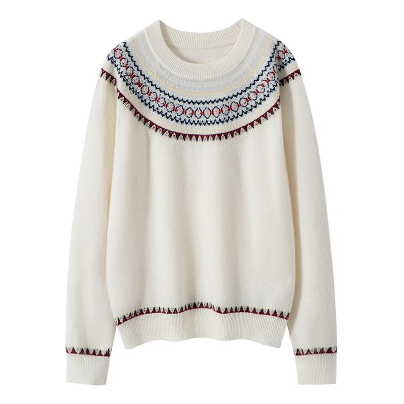 Women's 100% Cashmere Jacquard Sweater: Autumn/Winter Loose Round Neck Knitwear