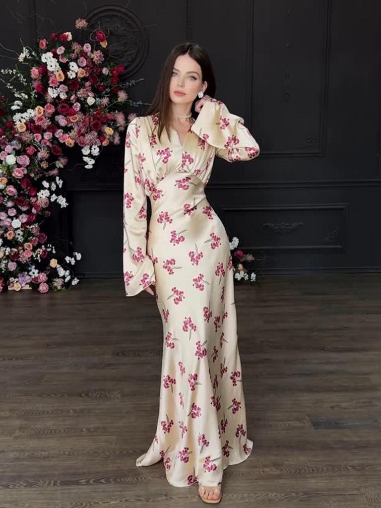 Elegant Long Sleeve V-Neck Dress - Beautiful, Sexy, Smooth, European and American Style (2025 Collection)