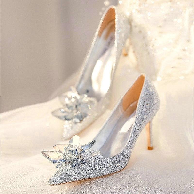 Fashion 2025 New Spring And Autumn Bridal Wedding Shoes Rhine-shaped High Heels Female Stiletto Crystal Pumps