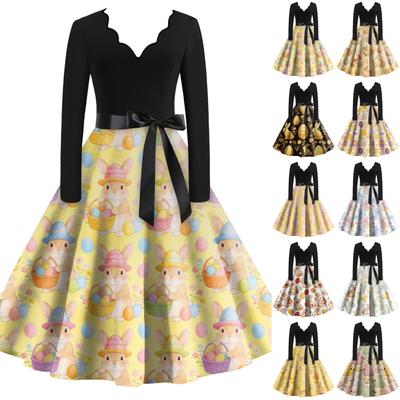 Women's Casual Fashion V-neck Long Sleeved Retro Christmas Print Retro Dress