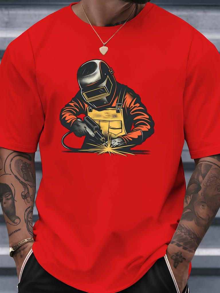 Retro Welder With Welding Spark Art Graphic Unisexs Cotton Crew Neck Tee Short Sleeve Loose Craftsunisex Casual Street Male Wear Top