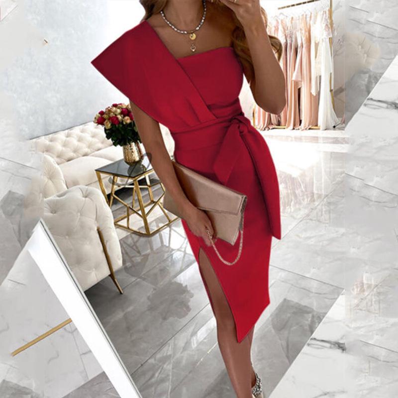2025 Spring European & American Women's Sexy Lace-Up Bandeau Fly Sleeve Slit Evening Dress