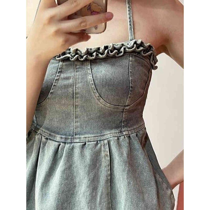 2025 Summer New Arrival Sexy Street Summer Standard Halter Lace-up Denim Camisole Top