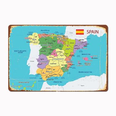 Mappa della Spagna con regioni e città principali Cartello in metallo Dipinto murale Cinema Soggiorno Cinema Divertente Poster in latta Retro Casa Taverna