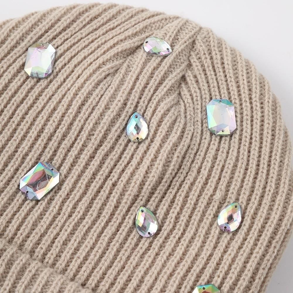 Solid Color Beanie Hat Punk-style Rhinestone-adorned Hat Fashionable Pullover Knit Cap  Winter