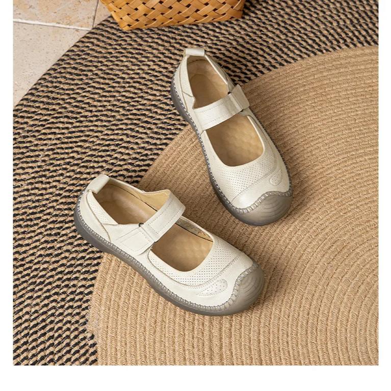 Johnature Boty z pravé kůže s měkkou podrážkou, ploché, retro, s kulatou špičkou, mělké, všestranné, pohodlné dámské boty