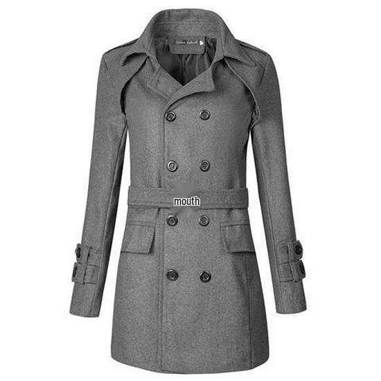 Double-Breasted Grey Wool Trench Coat with Belt - Stylish Men's Winter Outerwear