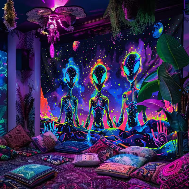 2D Trippy Alien UV Glow Tapestry, Blacklight Galaxy Wall Art for Home Decoration