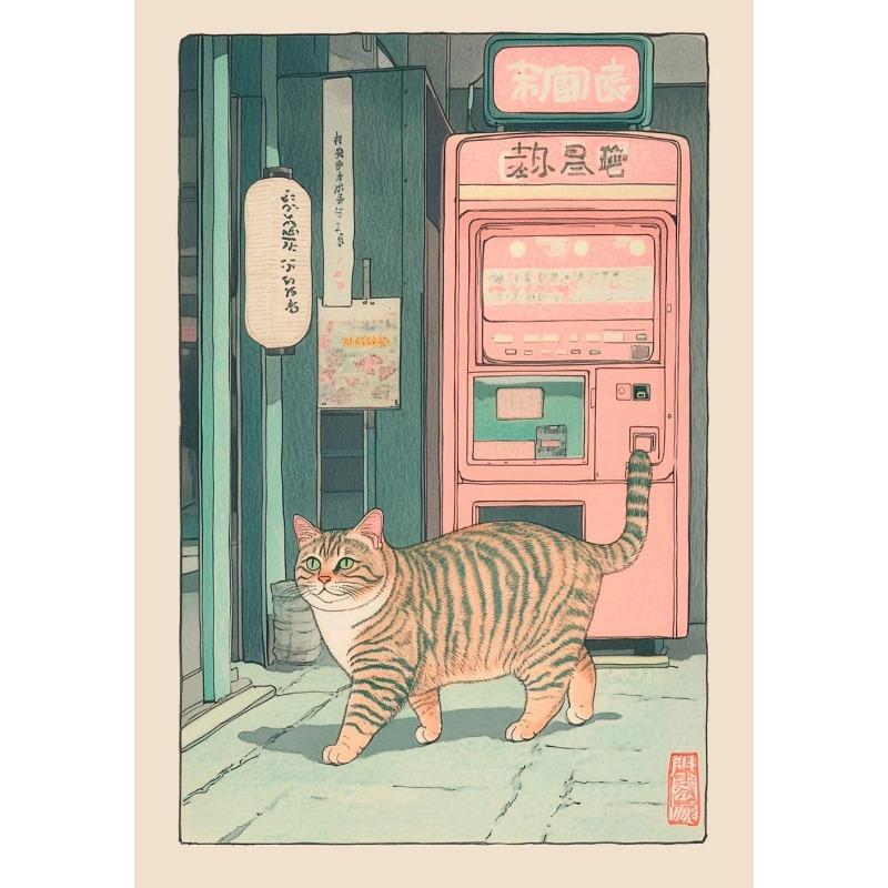 Gatto Tigrato Giapponese nella Vasca da Bagno Stampe Poster Pittura su Tela Estetica Retrò Arte da Parete Immagine Japandi Bagno Toilette Decorazione Casa