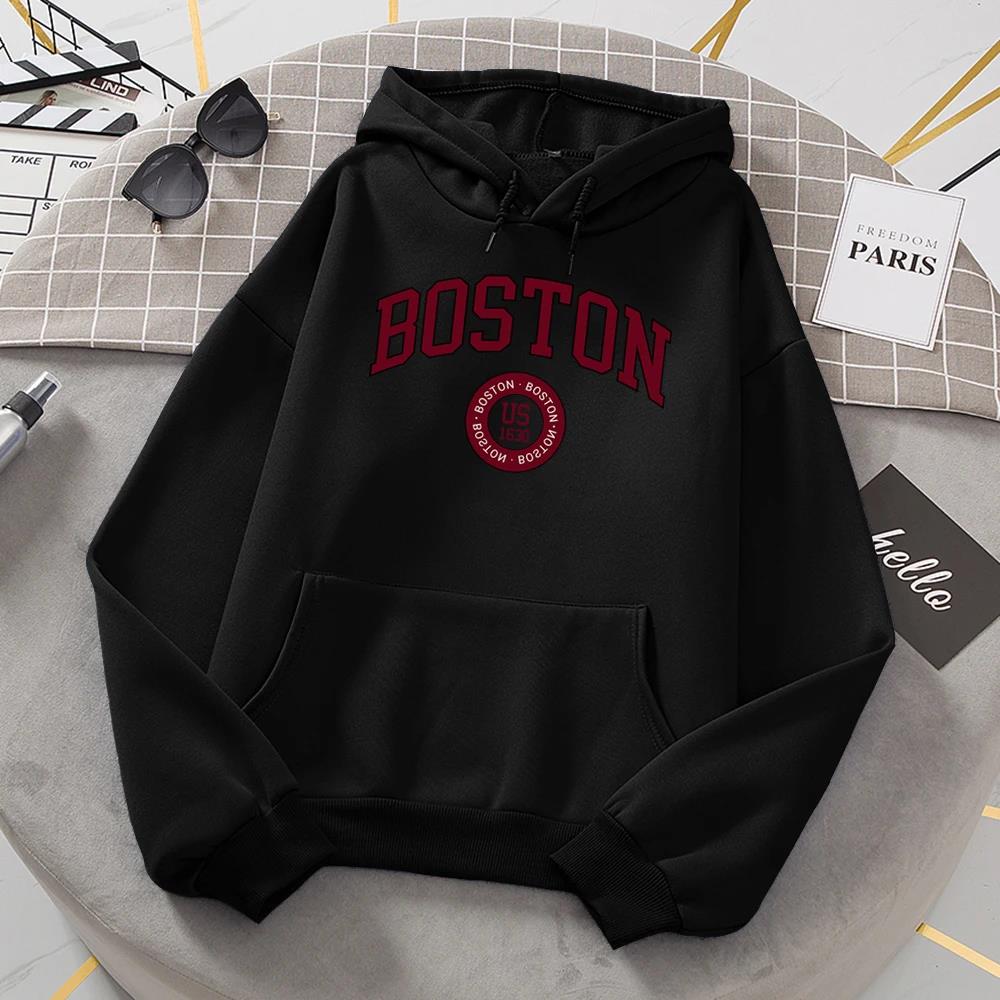 Boston City Us Gegründet 1630 Hoodies Damen Warm Bequeme Pullover Mode Lässig Damen Kapuzen Basic All Match Sweatshirt