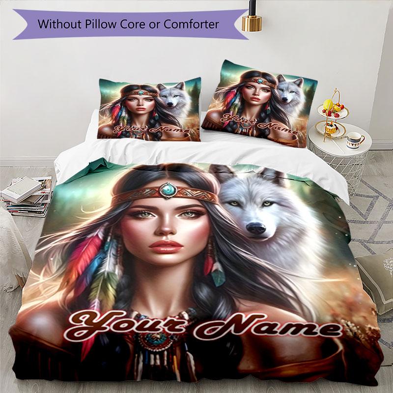 3pcs Custom Name Wolf Spirit Connection Bedding Set Printed Bedding Set Duvet Cover Closure Includes 1 Duvet Cover & 2 Pillowcases Bedroom Decor