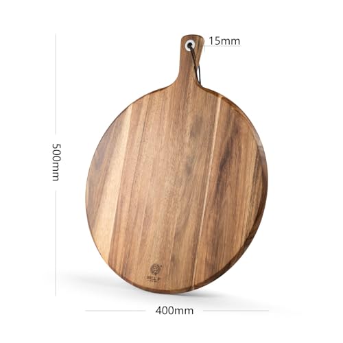BILL.F Acacia Wood Pizza Peel, 10-inch (approx. 25cm) Cutting Board, Cheese Paddle Board, Bread & Cracker Serving Plate with Handle, Cooking Chopping
