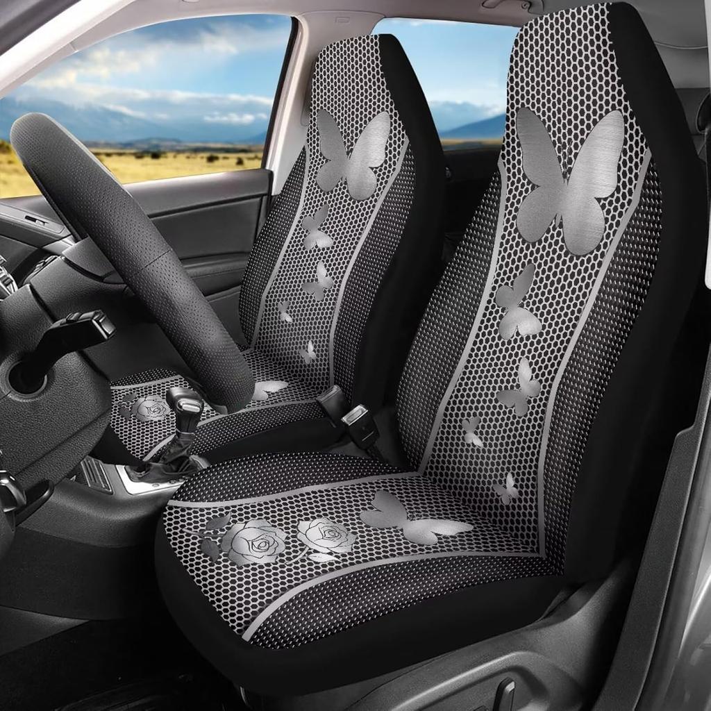 Bulopur Black Boho Floral Car Seat Covers Front Seats Only for Women Men Seat Covers w/Organizer Pocket for Cars SUV Truck Sedan