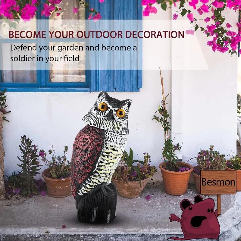 Fake Owl Decoy Plastic Owl Scarecrow Sculpture with Rotating Head and Sound for Garden Yard Bird Repellent Outdoor