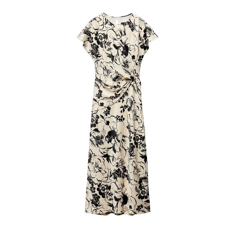 Spring New Women's Clothing Old Money Style Silk Satin Texture Print Short Sleeve Round Neck Midi Skirt Dress 2328651