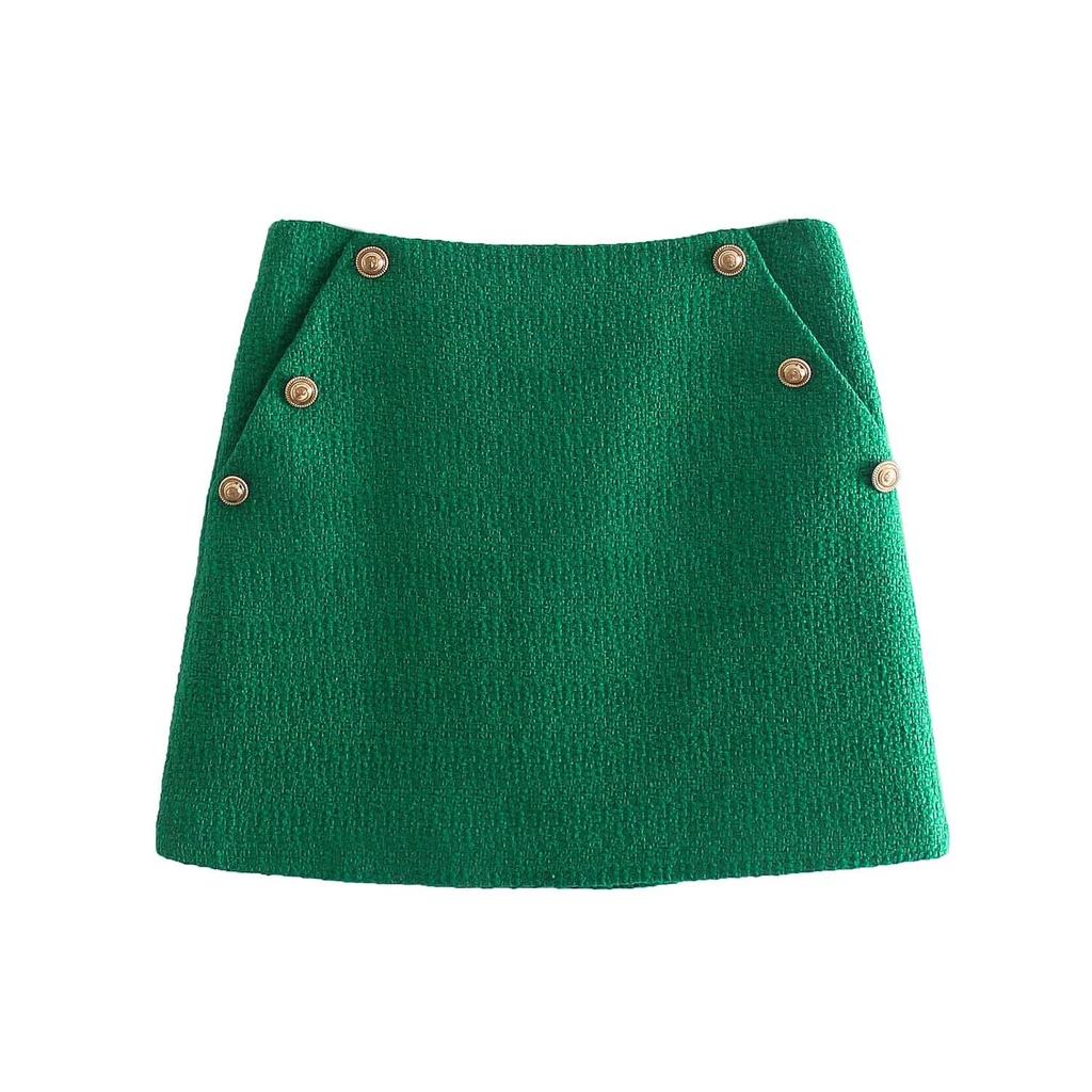 Dámské zelené tvídové sukně Faldas Mujer Zip O Krk Jednobarevné Jednobarevné Dámské Mini Sukňové Sety