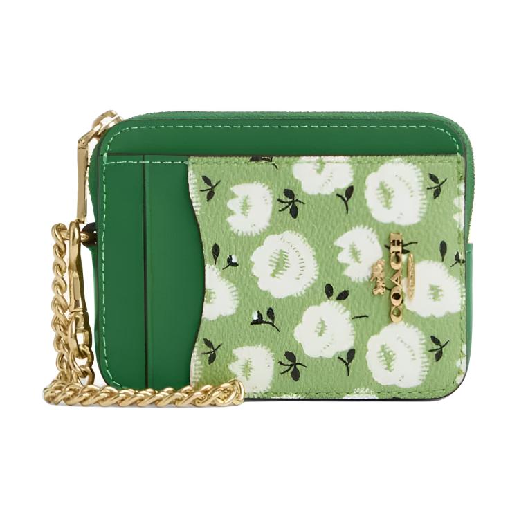 Coach Card Case Zip7 Gold Logo Chain Wrist Strap Coated Canvas Card Holder Women Card Holder Green CBL79-IMUY3 Green