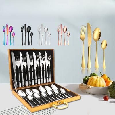 Stainless Steel Knife, Fork and Spoon Tableware Western Food/Steak Knife, Fork and Spoon Gift Box Golden Wooden Box Gift Tableware