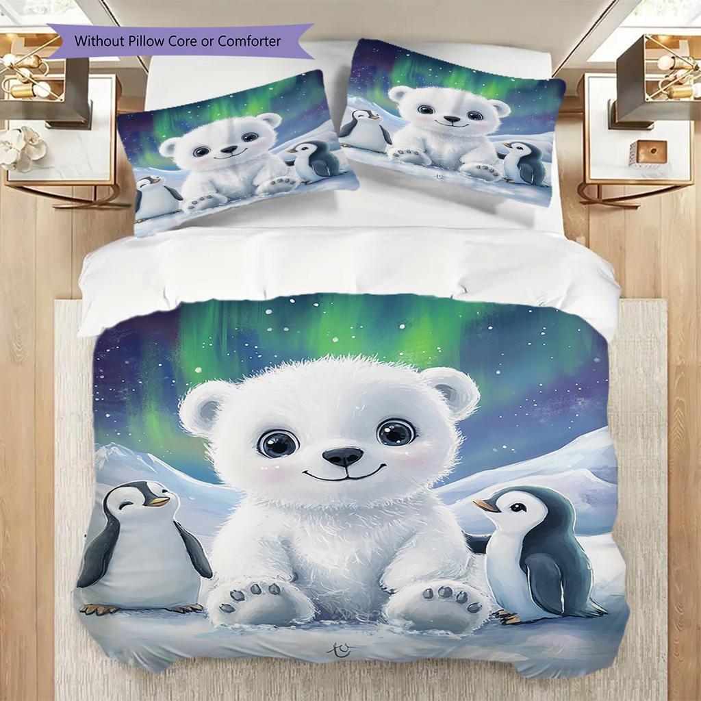 Polar Bear Pattern Bedding Quilt Set Quilt Cover Pillowcase Home Decoration Birthday Gift (1 * Duvet Cover + 2 * Pillowcase, Without Core)