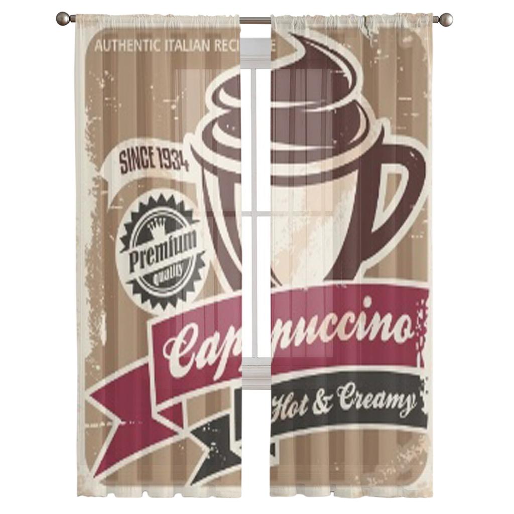 Vintage Cappuccino Poster Coffee Cup On Old Paper Sheer Curtains for Living Room Tulle Window Curtain Bedroom Kitchen Drapes