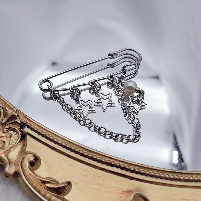 Harajuku Fünfzackiger Stern Serie Brosche Street Fashion Anstecknadel Anzug Accessoires Schlichte Doppelkettchen Anstecknadel