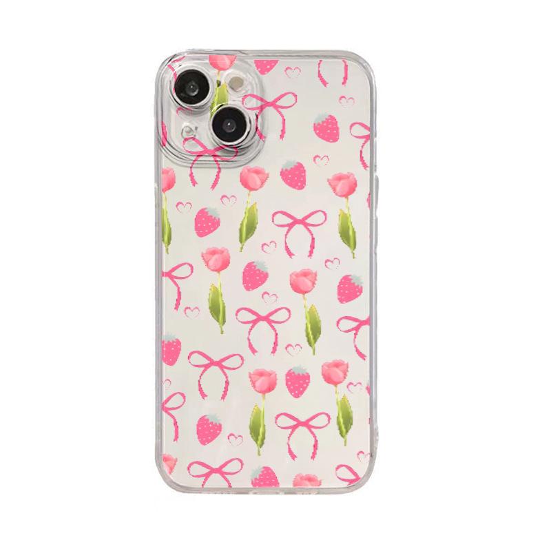 Girl Pink Bow Strawberry for iPhone12 Small Fresh Women's 15/16prox Transparent Shell 17p Soft Shell