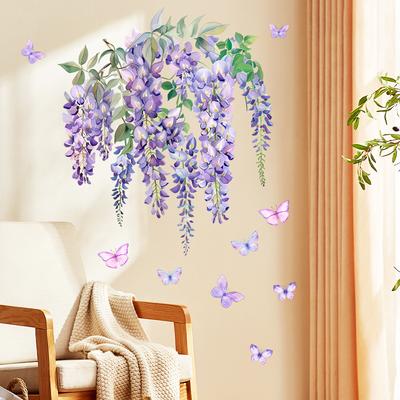 Removable Wall Sticker DIY Purple Floral Green Leaves Peel and Stick Decoration for Porch Bedroom Living Room TV Background Home Decor