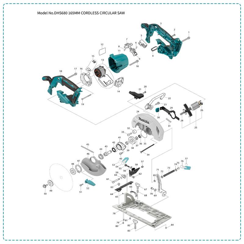Accesorii pentru fierăstrău circular electric Makita: Controler Switch, Rotor, Stator, Carcasă Cutie de Viteze, Placă de Bază pentru DHS680.