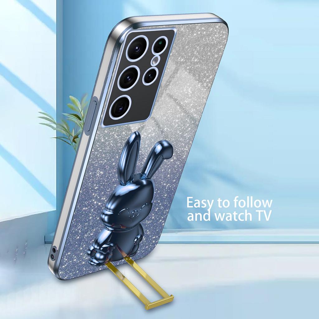 For Samsung Galaxy S22 Ultra 5G Case Pull-out Kickstand Cartoon Rabbit Anti-drop Phone Cover