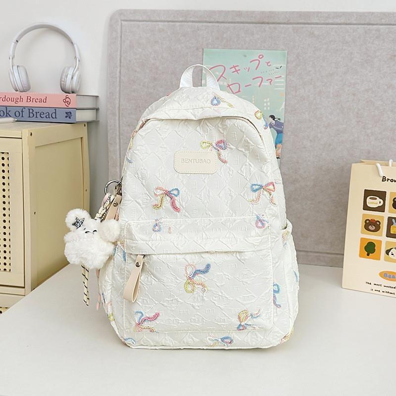 

JK Fresh Cute Student Backpack New Cartoon Schoolbag Good-looking Junior High School Versatile Large Capacity Backpack Creamy-white, schoolbag + drawstring Bear doll
