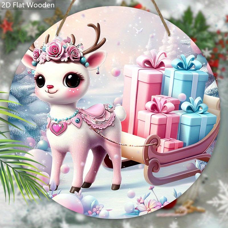 2D Flat Pink Wooden Christmas Sign, Charming Decorative Plaque with Adorable Elk Sled Pattern, Ideal for Front Door, Home, Office Decor