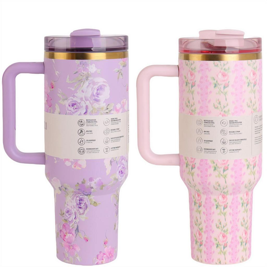 Taza Bingba de 40 oz Serie Flor Impresión 3D Doble Asa para Coche Acero Inoxidable 304 Taza para Coche