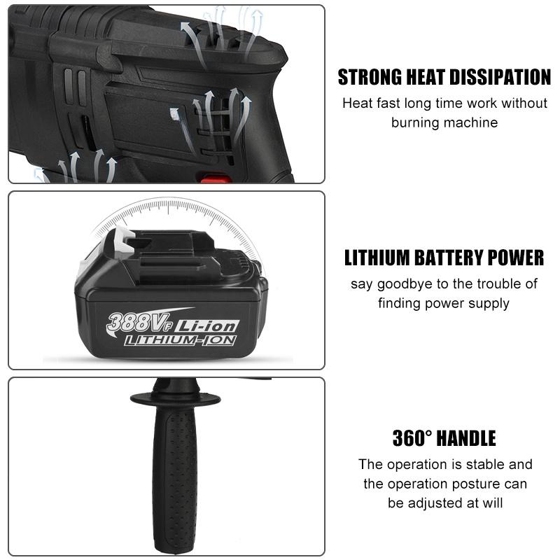 4 In 1 Brushless Cordless Rotary Hammer Drill 2 Batteries Rechargeable Electric Impact For 18V Battery