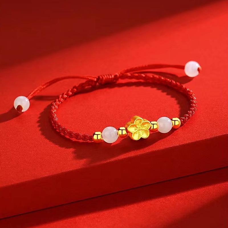 Gold Sand Peach Blossom Bead Bracelet – Handmade Red Rope for Couples, Perfect Qixi Gift