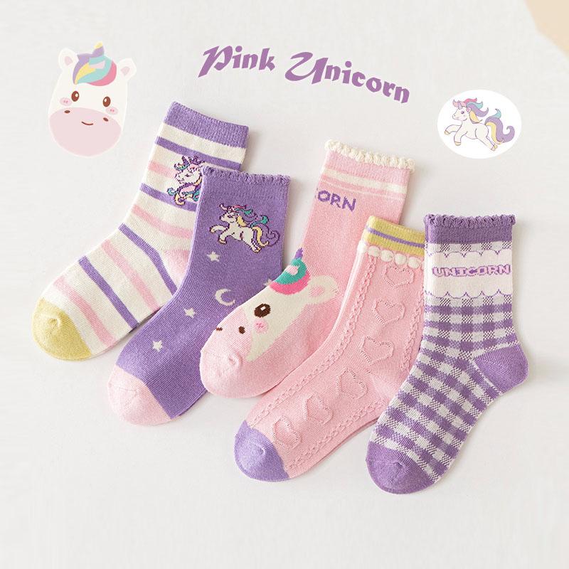 5 Paar Kinder Socken Herbst Baumwollsocken Mädchen Mid-Calf Socken Lila Einhorn Cartoon Socken Mädchen Niedliche Muster Socken
